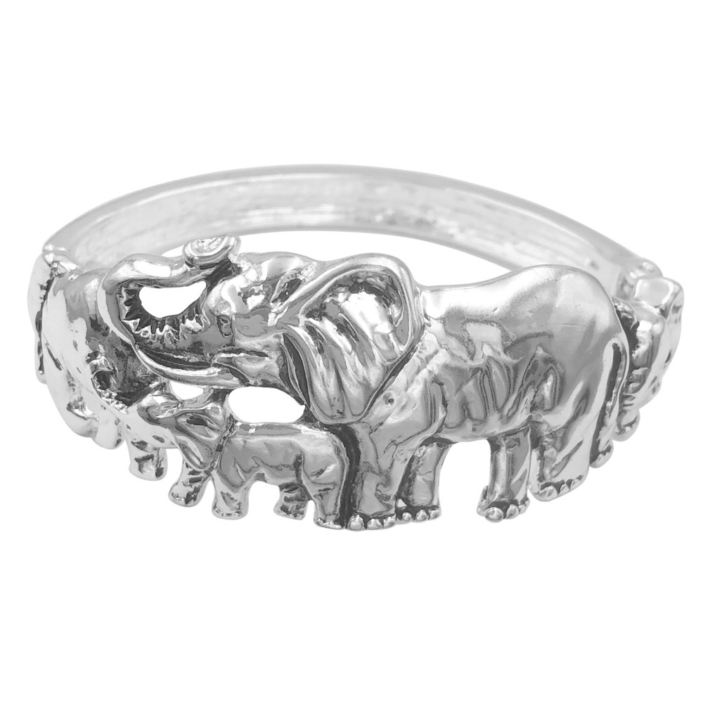 Elephant Family Parade Silver Statement Hinged Bangle Bracelet
